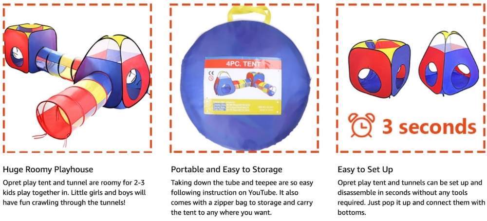 Kids Play Tent and Tunnel Set dimensions and specifications